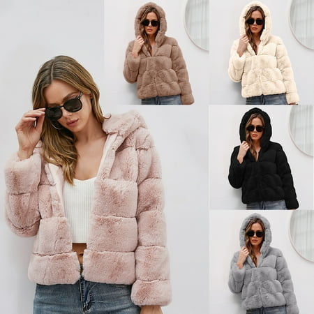 

Yinreli Hooded Zipper Closure Winter Coat Faux Fur Long Sleeve Short Type Fluffy Cardigan Outerwear