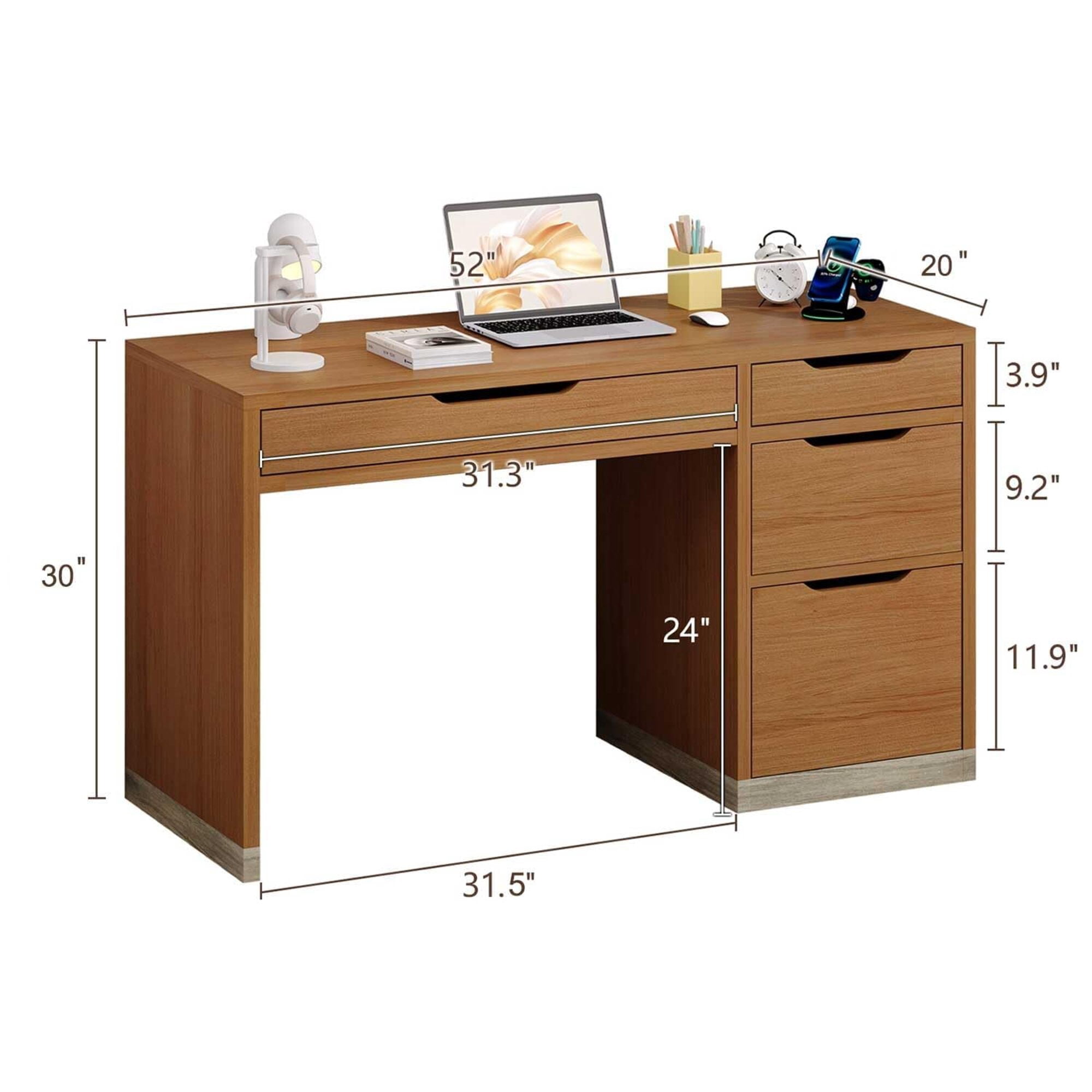 52 Inch 4-Drawer Computer Desk (Brown Finish), Home Office Desk with Multi-Size Drawers & Spacious Tabletop, Small Space-Friendly Solid Wood Desk for Bedroom/Study