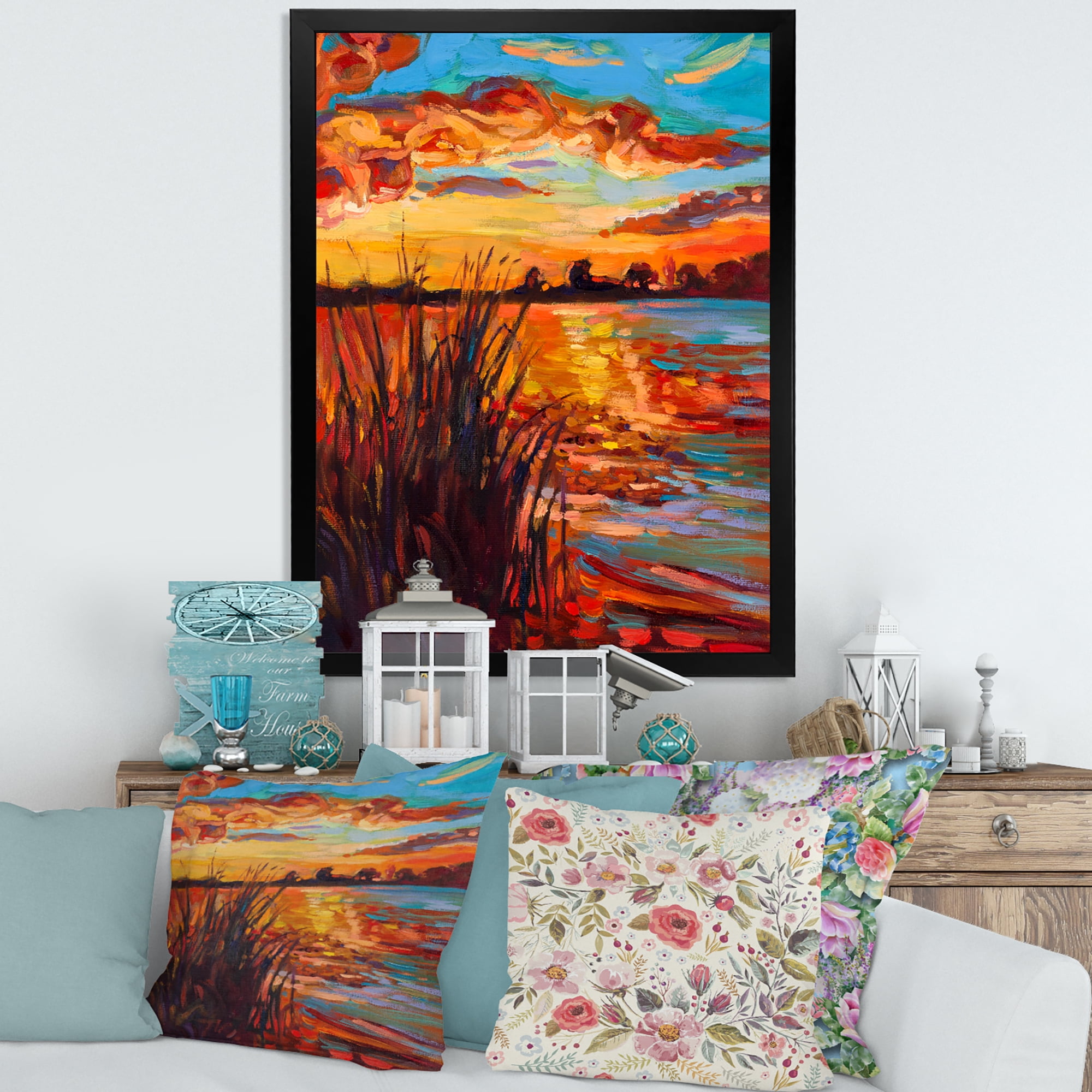 Designart 'The Lake At Sunset Evening Glow I' Nautical & Coastal Framed Art Print