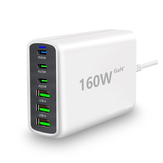 160W 6-Port USB C Charging Station 3C3A Multi-Port Hub Fast Charger Block