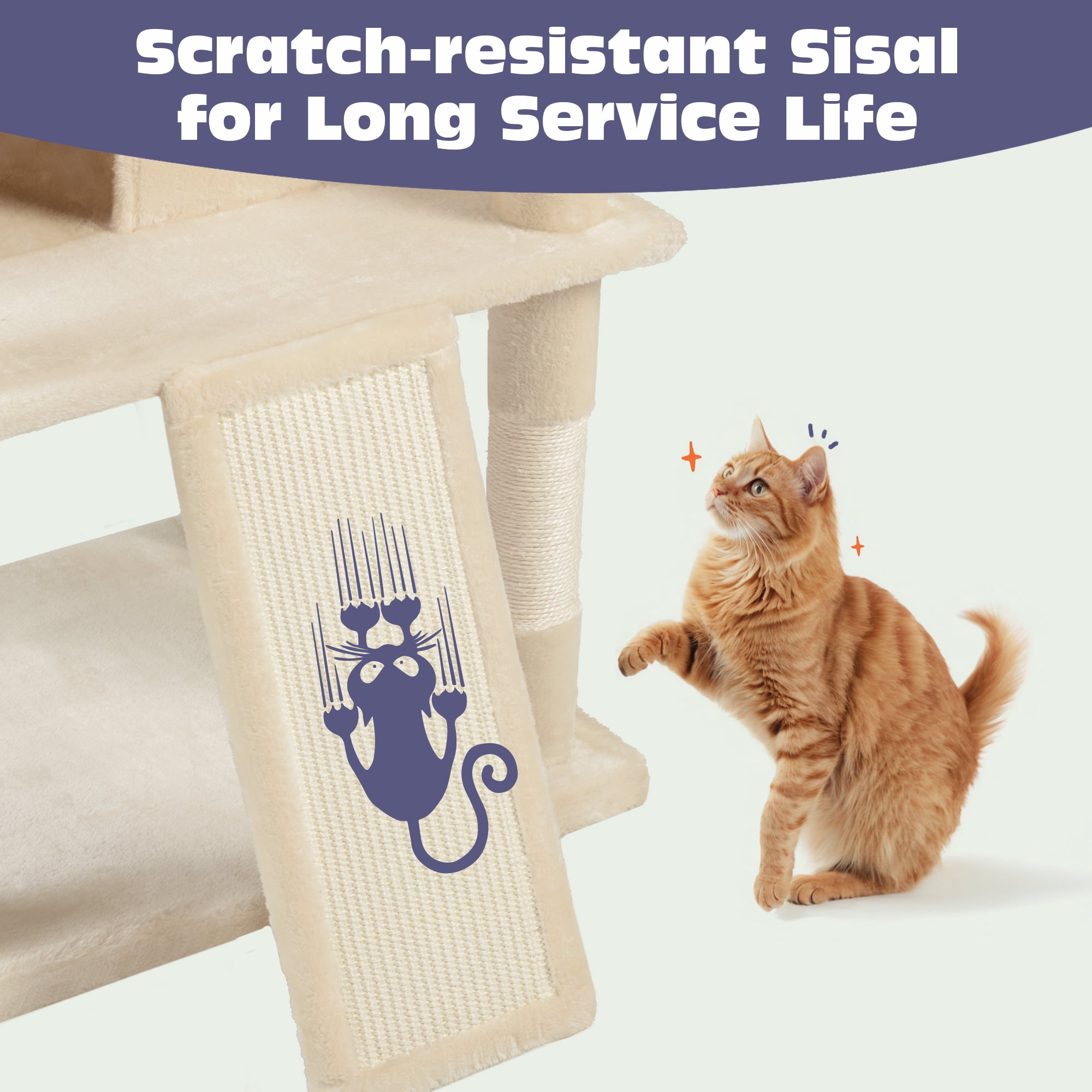 Sifurni 81" Multi-Level Tall Cat Tree Tower for Large Cat with Cat Condo and Hammock, Scratching Post & Scratching Ramp, Beige