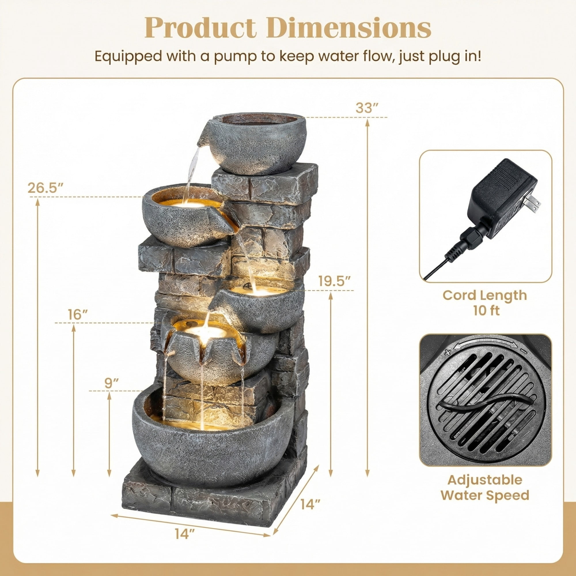 ELLEGNT 33" 5-Tier Cascading Water Fountain with Color-Changing LED Lights – Outdoor Fountain for Patio, Backyard, Porch, Deck, or Garden