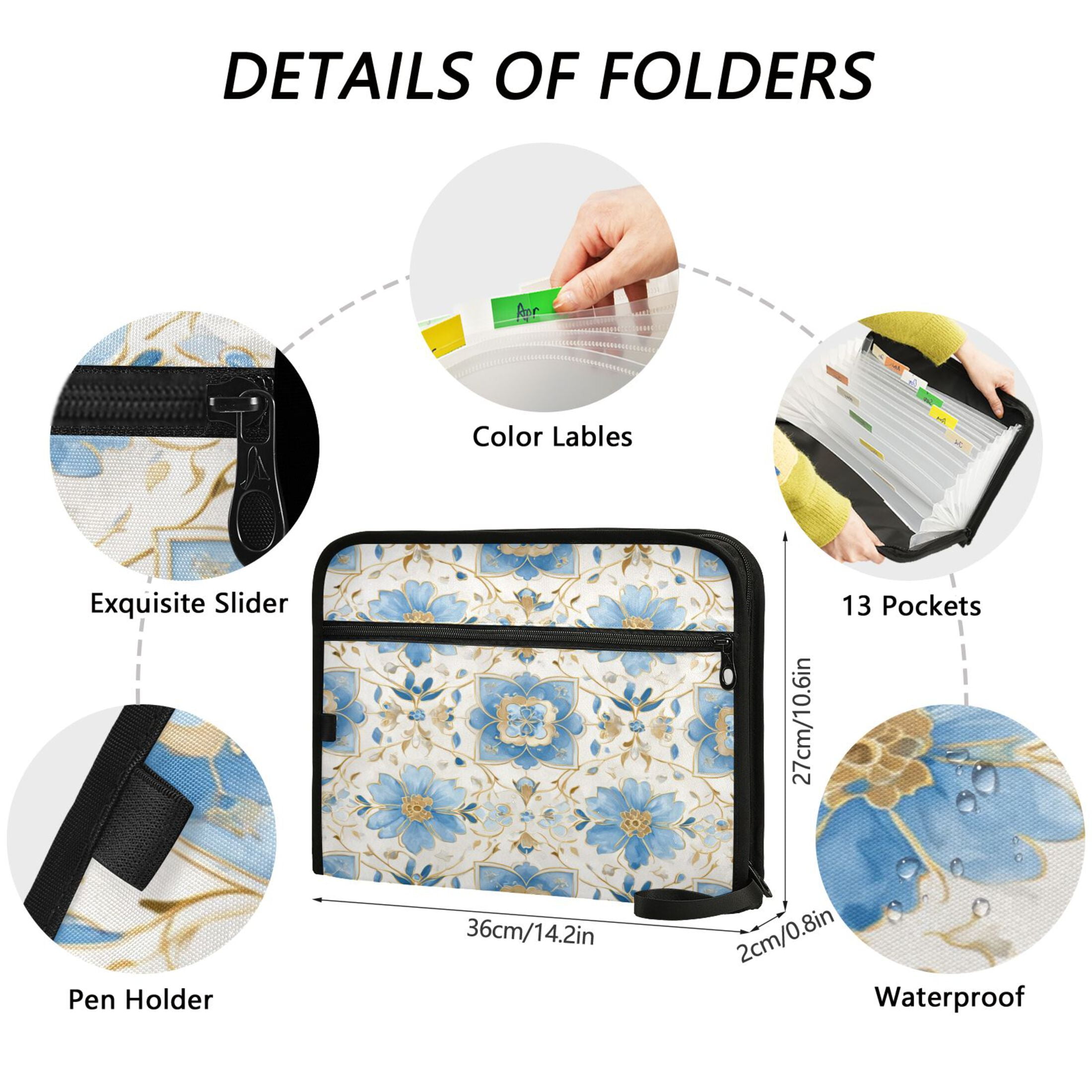 Accordion File Organizer with Zip Closure 13 Pockets Expanding File Folder Letter A4 Paper Document Organizer for Home Office Elegant and Timeless Blue Flower