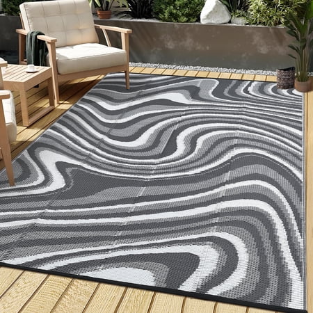 ZACOO 9 x18 Abstract Wave Outdoor Rug Waterproof UV Resistant Large Patio Mat for Deck RV Black Gray