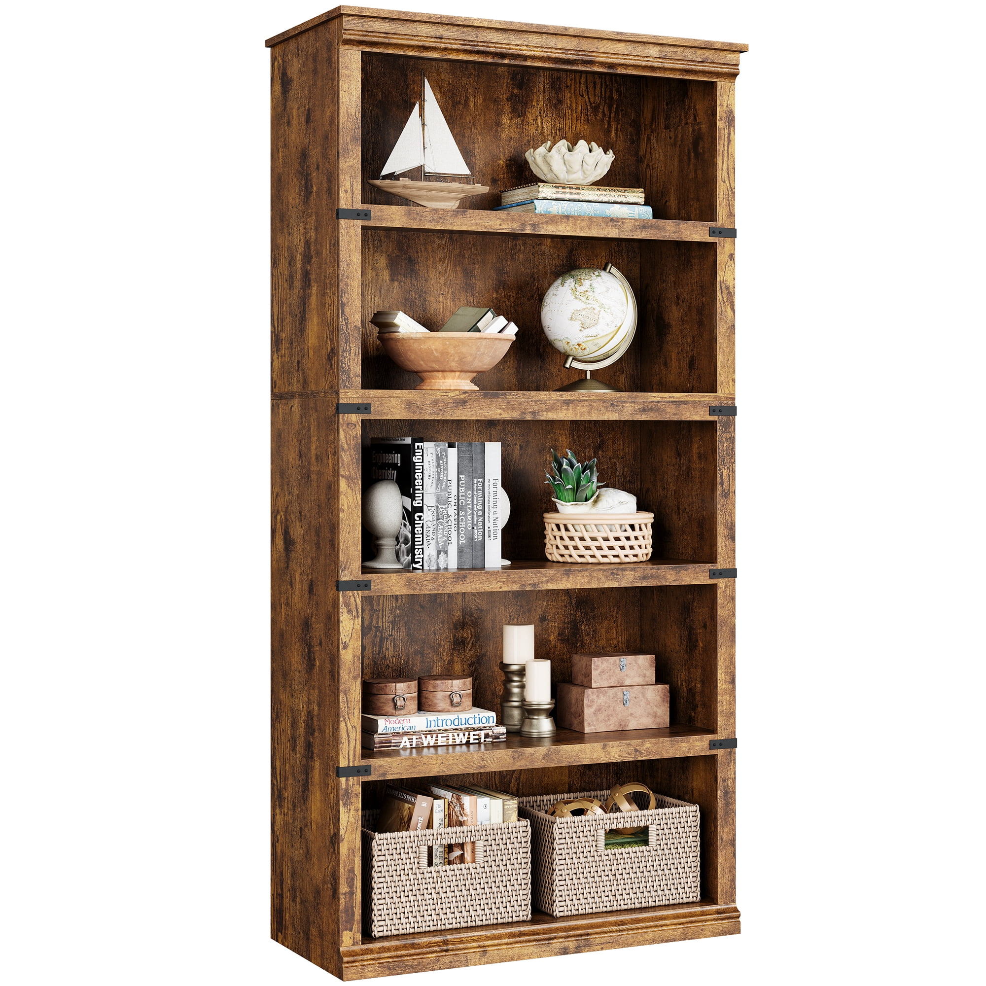 Aoile 5 Tier Farmhouse Bookshelf, 12.7" x 31.4" x 67.4" Heavy Duty Freestanding Bookcase, Bookshelves with Storage Open Display for Home Office, Living Room, Bed Room, Bathroom, Vintage