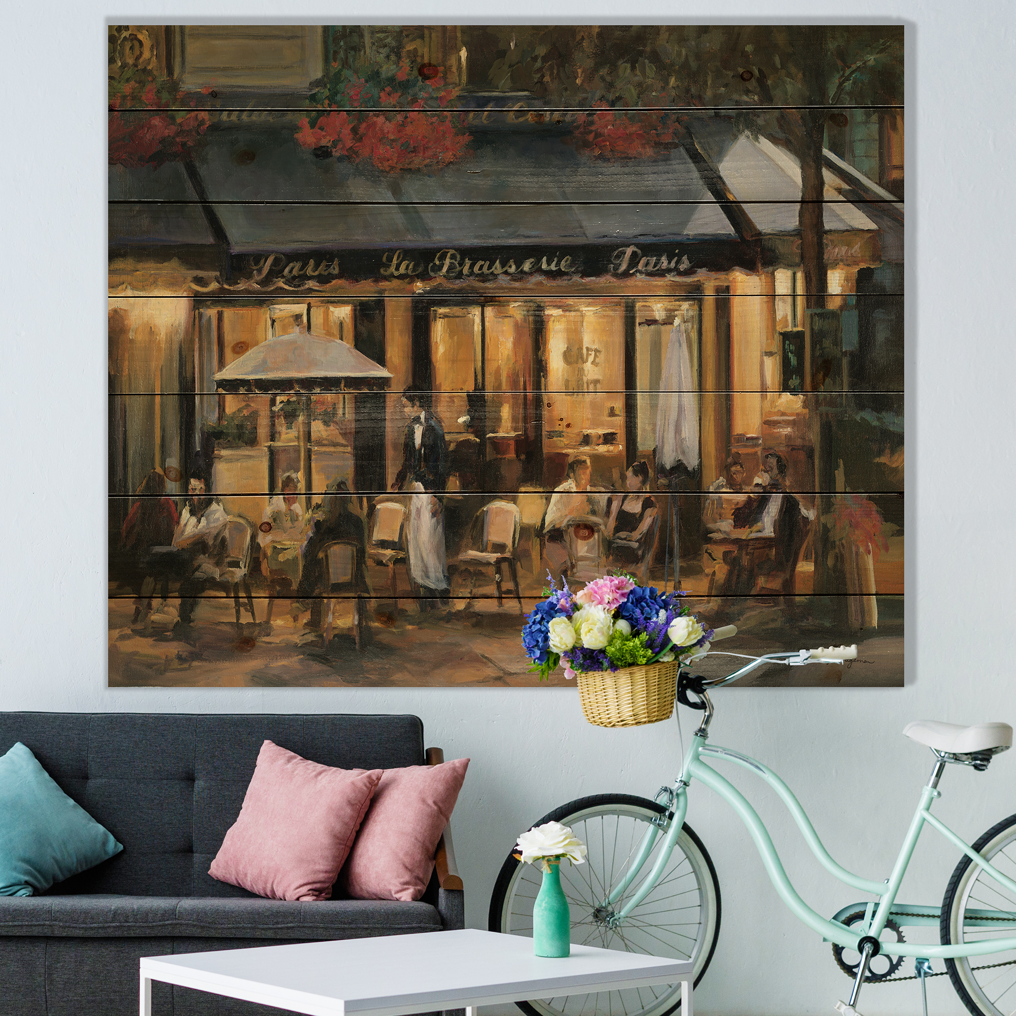 Designart 'La Brasserie of Champs-Élysées Paris Street' French Country Print on Natural Pine Wood