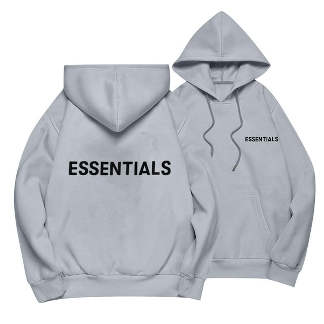 Pullover Hooded Sweatshirt with Front and Back Essentials Letter Print Casual Loose Fit Long Sleeve Design Gray L