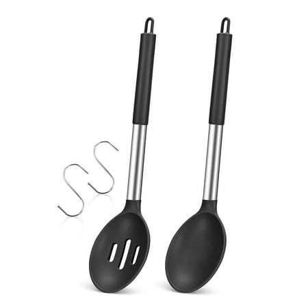 

Badiano 2 Pieces Cooking Spoon Set Silicone Slotted Spoons Non Stick Kitchen Utensils Set Black