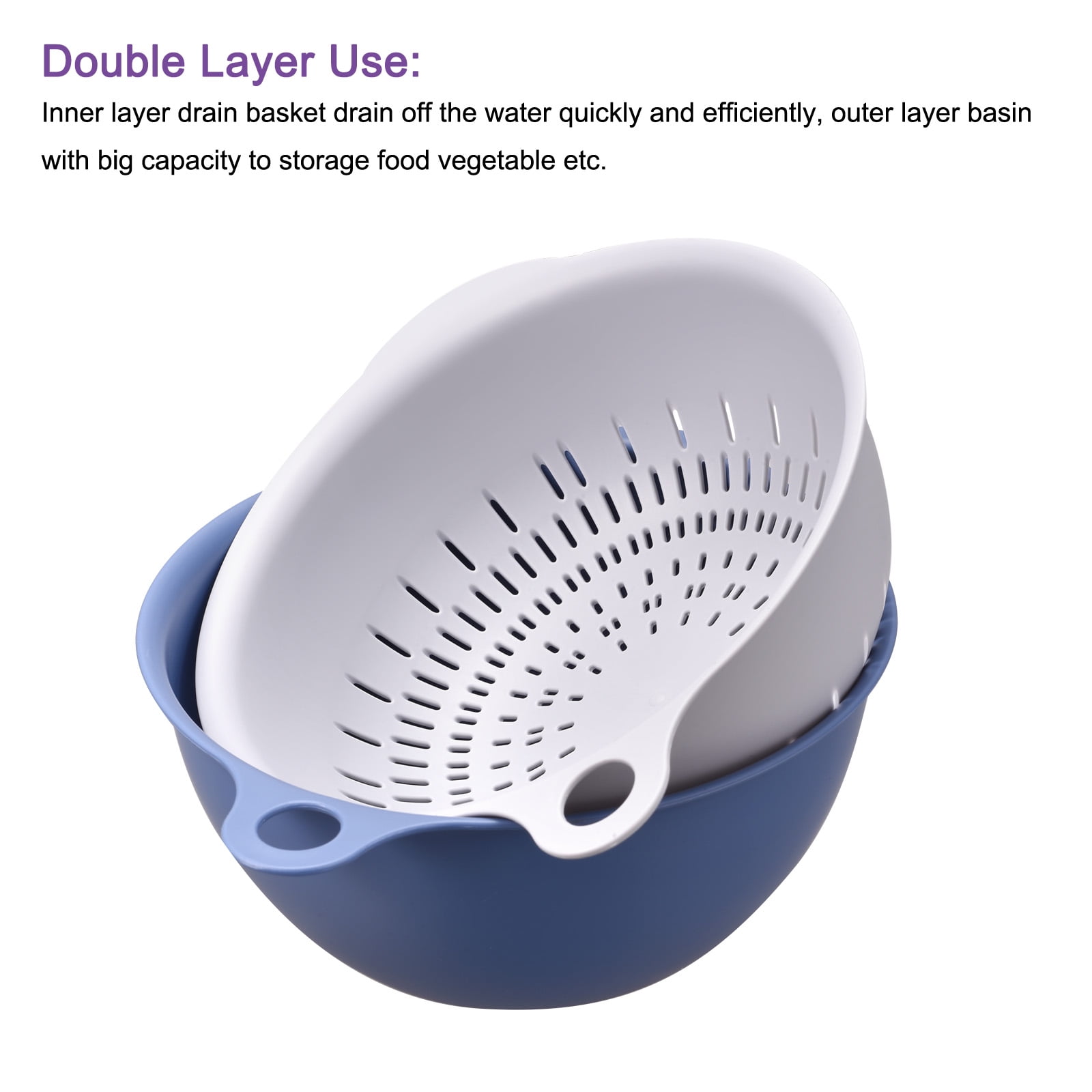 Unique Bargains Kitchen Food Strainer Colander Bowl Set Double Layer Drain Basin Basket Blue