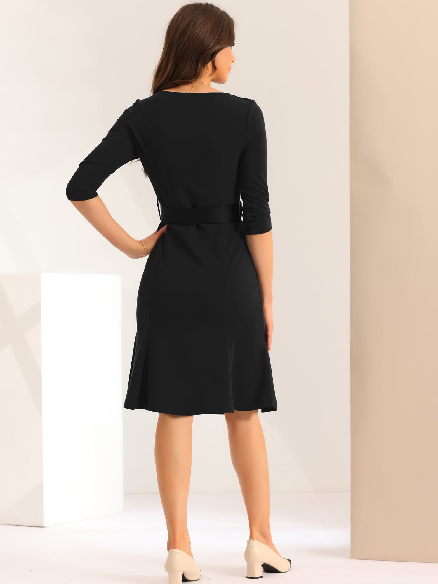 Unique Bargains Women's Work Office Dress Square Neck Knee Length Belted Dress M Black