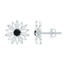 Rosec Jewels 1/4 CT Floral Stud Earrings with Black Diamond and Diamond, 14K White Gold