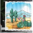 thumbnail image 2 of Cactus Shower Curtain, Vector Image with Cartoon Design Cactus Flowers Mountains Desert Sand Sun Artwork, Fabric Bathroom Set with Hooks, 69W X 84L Inches Extra Long, Multicolor, by Ambesonne, 2 of 4