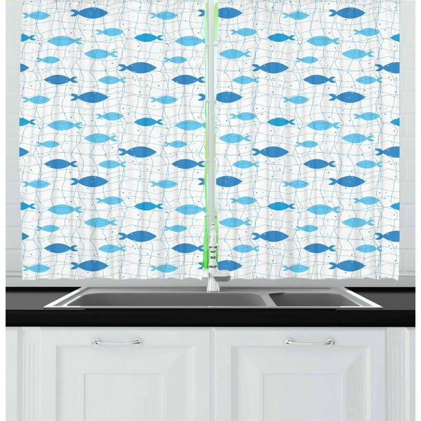 Fish Curtains 2 Panels Set, Fish Net with Polka Dots Abstract Animal Silhouettes Nature Inspired Image, Window Drapes for Living Room Bedroom, 55W X 39L Inches, Blue Pale Blue White, by Ambesonne - Fish Curtains 2 Panels Set, Fish Net with Polka Dots Abstract Animal Silhouettes Nature Inspired Image, Window Drapes for Living Room Bedroom, 55W X 39L Inches, Blue Pale Blue White, by Ambesonne -