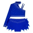 thumbnail image 2 of Lejafay Girls Glittery Rhinestones Dance Outfits One Shoulder Mock Neck Crop Top with Feather Briefs Dancewear Blue 12, 2 of 6