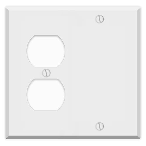 White Metal Combination Switch Cover, Duplex Blank Wall Plate, 2 Gang Standard Size, 1 Duplex Receptacle, 1 Blank, 4.50" x 4.56" Corrosion and Heat Resistant, Unbreakable Metal, Made In USA