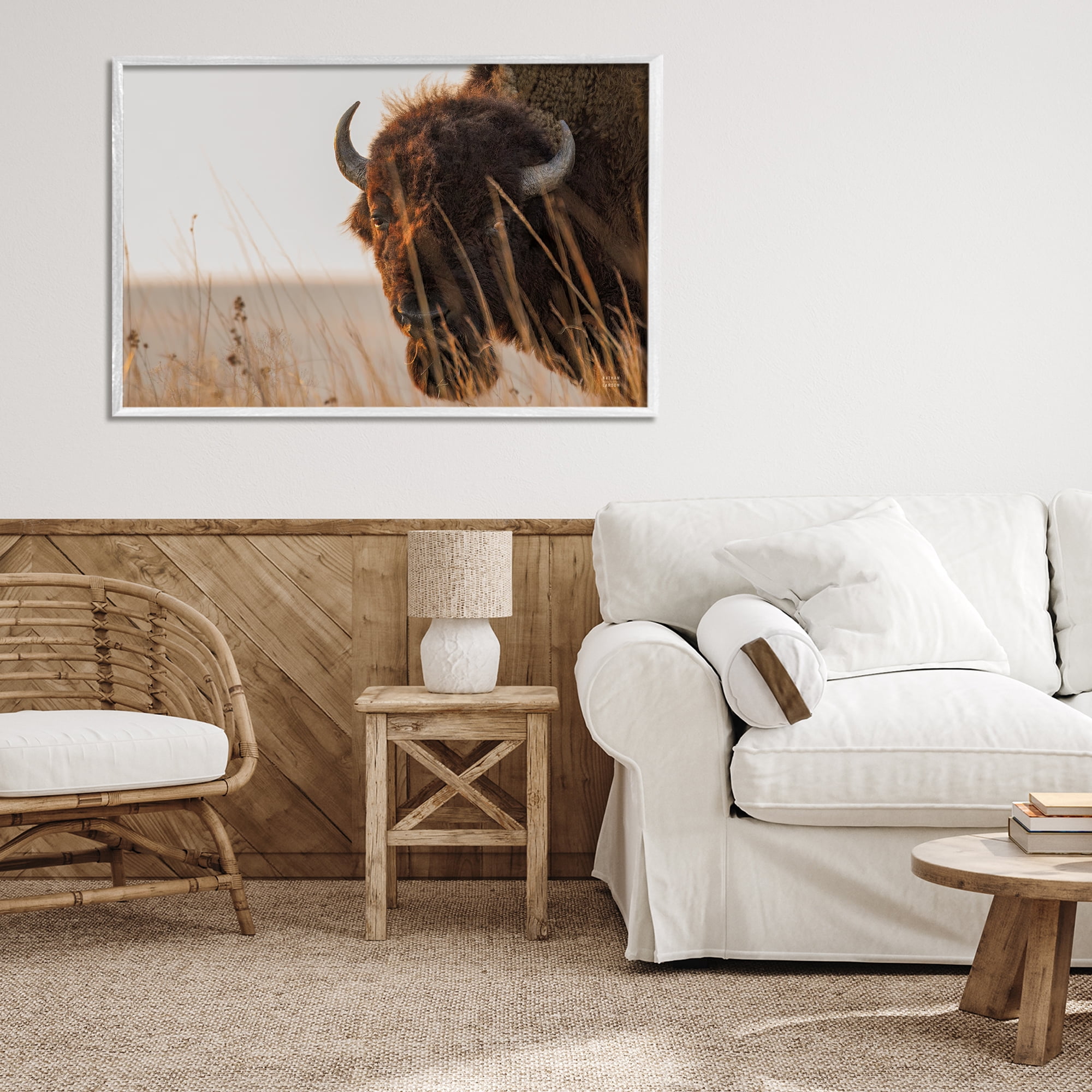 Stupell Industries Bison Sunset on Golden Prairie White Framed Giclee Art, design by Nathan Larson