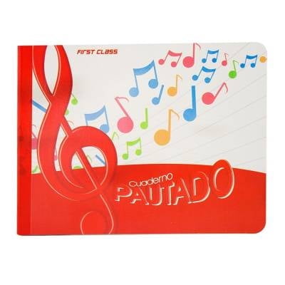 cuaderno italiano first class pautado de raya para música 50 hojas 1 pza cuaderno First Class pautado con portada horizontal roja y blanca, clave de sol roja grande a la izquierda y notas musicales multicolor sobre líneas pautadas; 50 hojas, formato apaisado, ideal para tomar clases de música y escribir notas musicales.