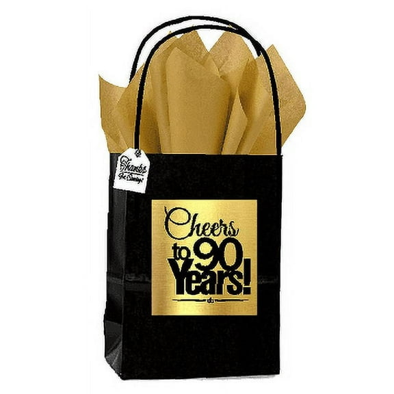 Black & Gold 90th Birthday / Anniversary Cheers Themed Small Party Favor Gift Bags with Tags -12pack