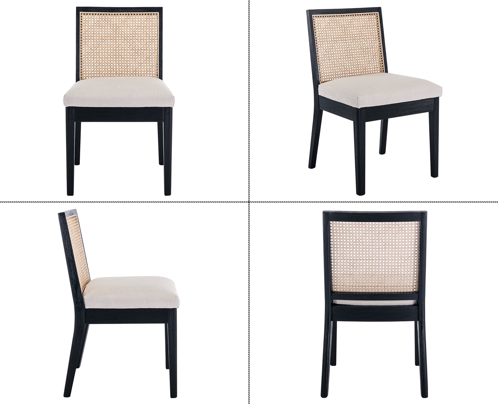 Dayalane Farmhouse Rattan Dining Chairs Set of 2, Mid Century Modern Dining Side Chairs with Black Hardwood Frame, Linen Upholstered French Country Kitchen Chairs for Dining Room Bistro, Beige
