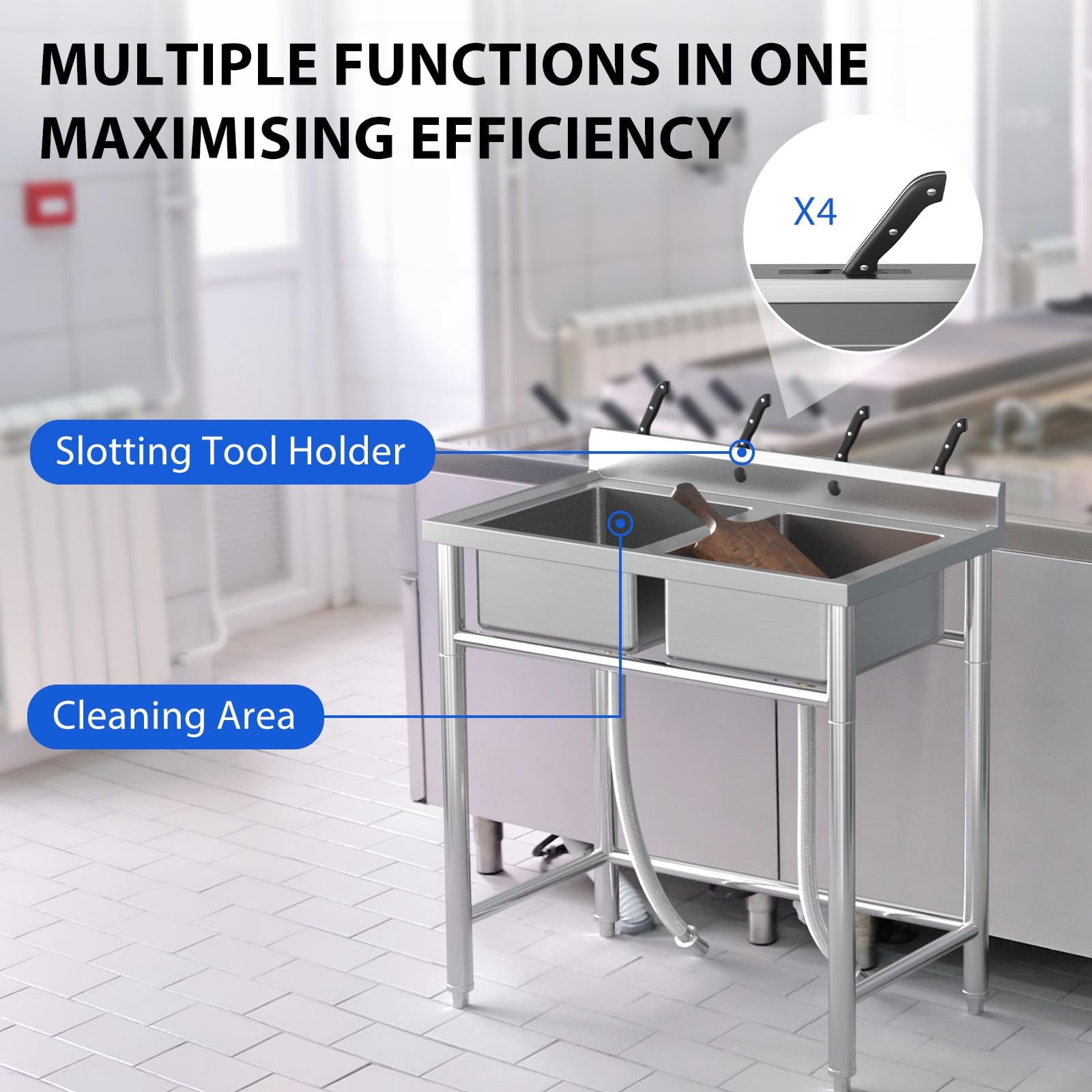Zzistar Freestanding Double Bowl Laundry Sink ,Stainless Steel Sinkwith Hot & Cold Hoses, Outdoor Camping Utility Sink for Garage