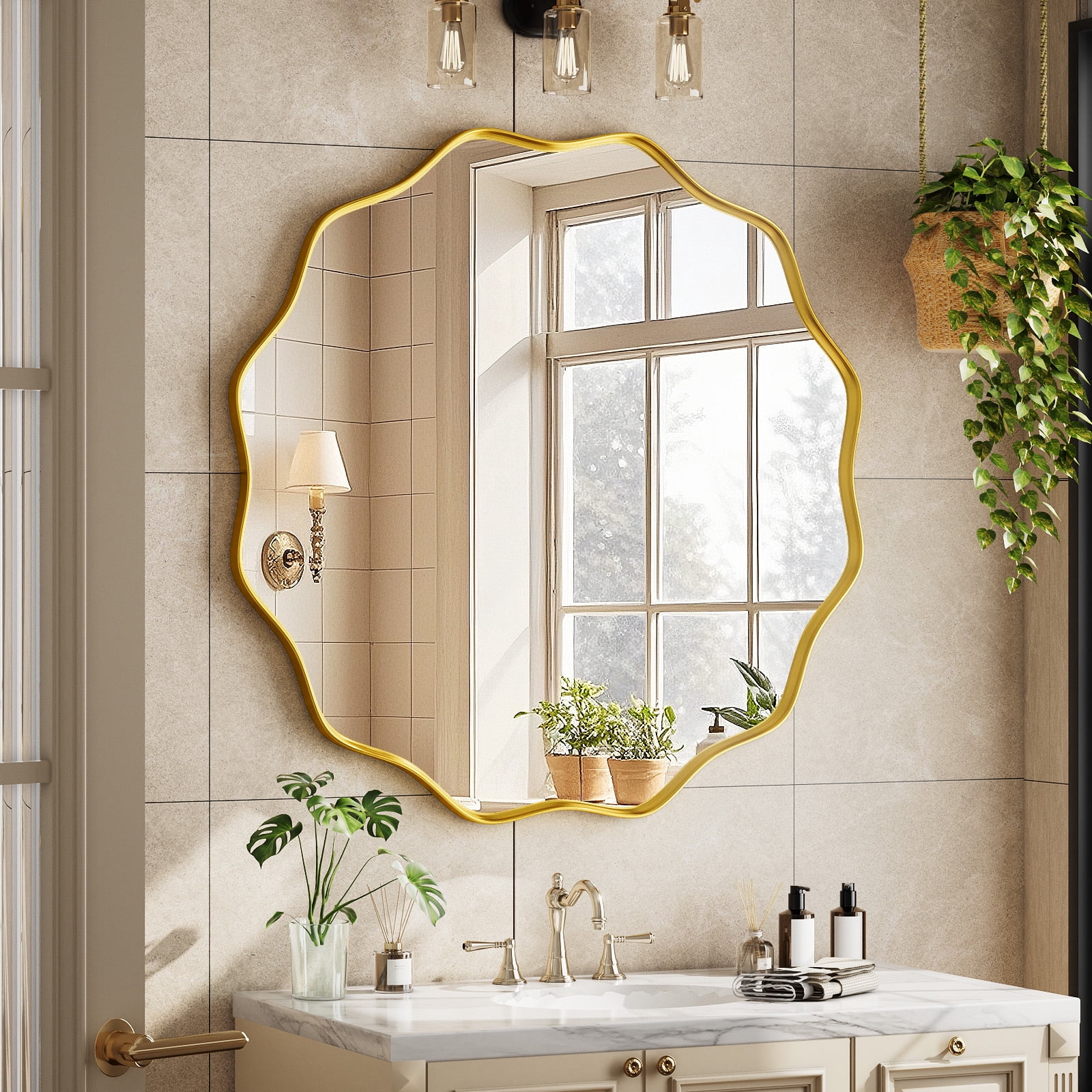 Easy4Home 36" Wavy Round Bathroom Mirror Wall Mounted Decorative Mirror With Deep Frame, Gold