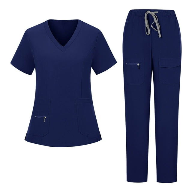 Nfurl Ensemble d'Uniforme d'Infirmière pour Femmes 2 Pcs, Hauts à Manches Courtes à Col en V avec Cordon de Serrage, Pantalon à Taille Élastique, Uniforme d'Infirmière, Ensemble Assorti, Bleu Marine G