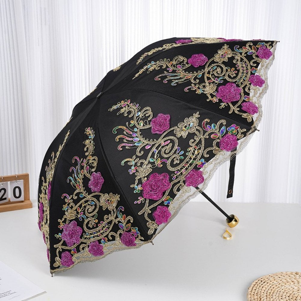 Lace Embroidery Sun Umbrella Ladies Anti-UV Umbrella Folding Parasol Umbrella Vintage Flower Embroidery Umbrella Sun/Rain/Snow Folding Umbrella