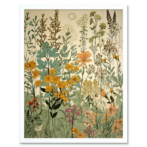 Wildflower Vintage Botanical Painting Pastel Yellow Green Teal Pink Spring Field Art Print Framed Poster Wall Decor 12x16 inch