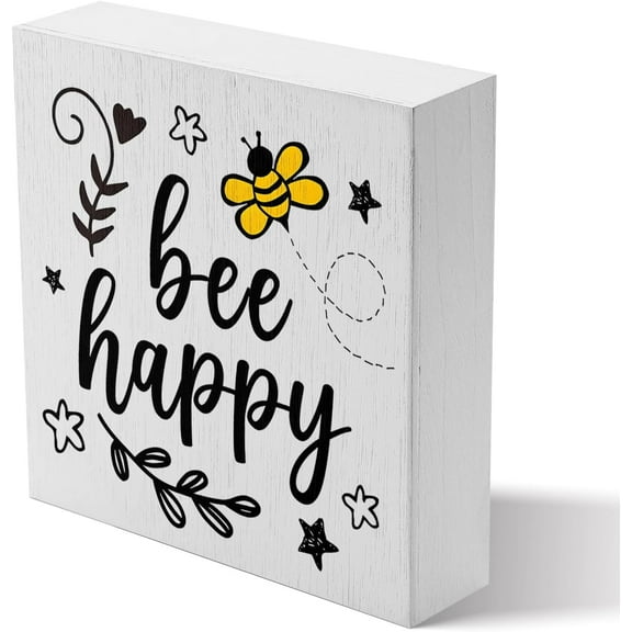 Zomyto 7x7 Inches Inspirational Happy Honey Bee Wooden Box Signs,Rustic Summer Wood Block Sign Shelf Desk Decor,Wooden Plaque