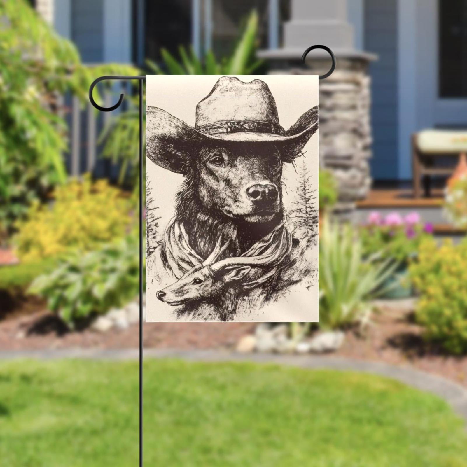 Vintage Western Cowboy Wildlife Pattern Double Sided Garden Flag Decorative Weather Resistant Yard Flag, Large DIY Vertical Flag for Farmhouse Patio Lawn, 28x40 Inch