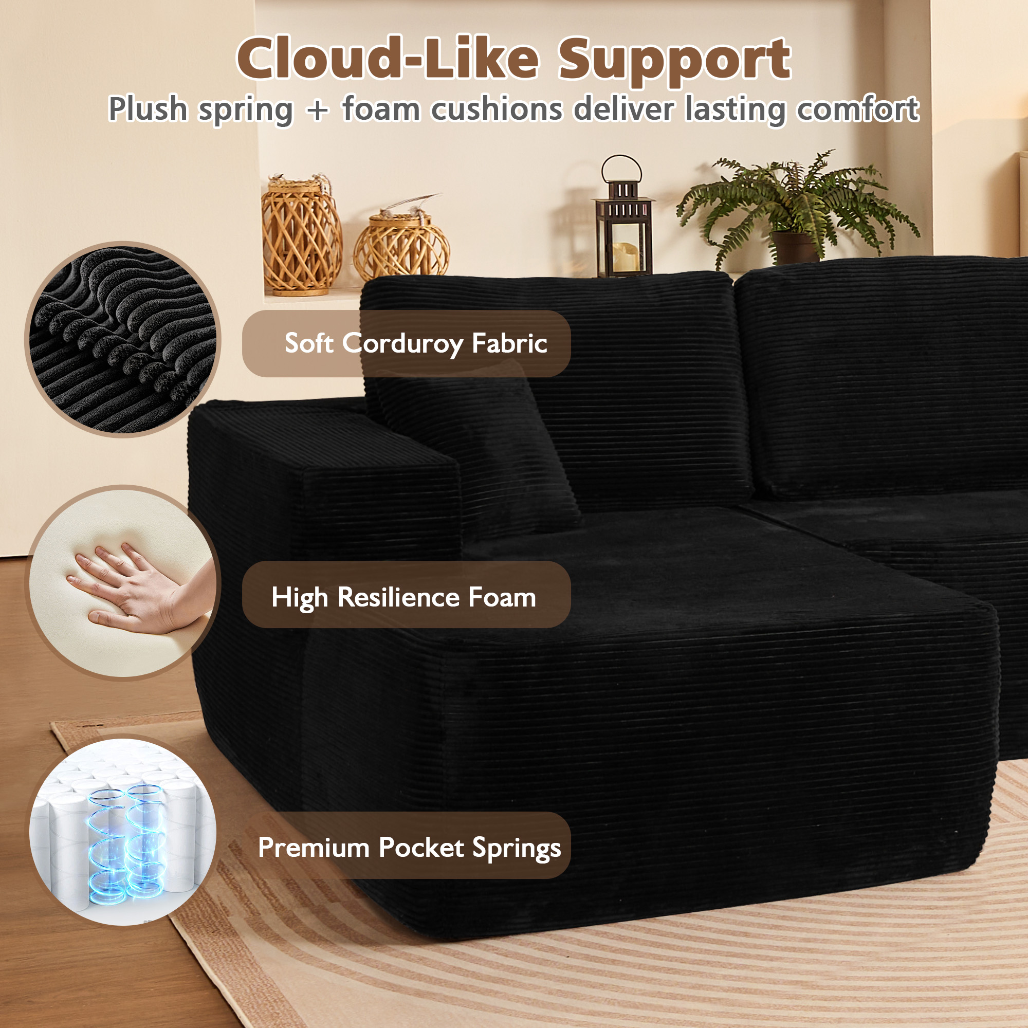 Ovios 106" Modular Cloud Couch Oversized Deep Seat Corduroy Sectional Sofa with Lounge Chair for Living Room, No Assembly, Black