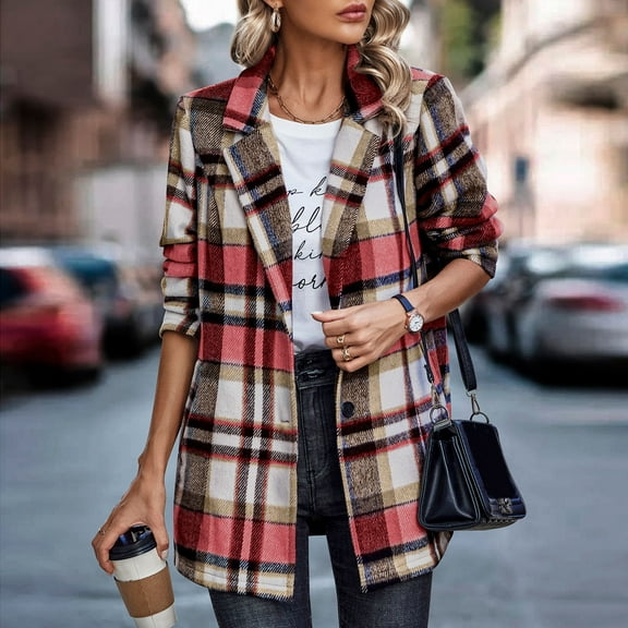BEFOKA Women's Shirts Long Sleeve Wool Coat Plaid Print Blouses Tops Flannel Shirts 2025 Winter Outfits Long Sleeve Long Jacket Coats Business Casual Blouse Top