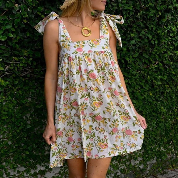 Taylonsss Womens Square Neck Sleeveless Dress Tie Waist Floral Print Short Casual Boho Beach Outfit