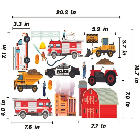 THE CITY - Kids Bedroom Art Vinyl Decal Adhesive Decoration City Vehicles & Barn Design Home Wall Decal Sheet - DIY Removable Sticker Build A City Stick And Peel Adjustable Wall Décor 20.2" x 16.7"