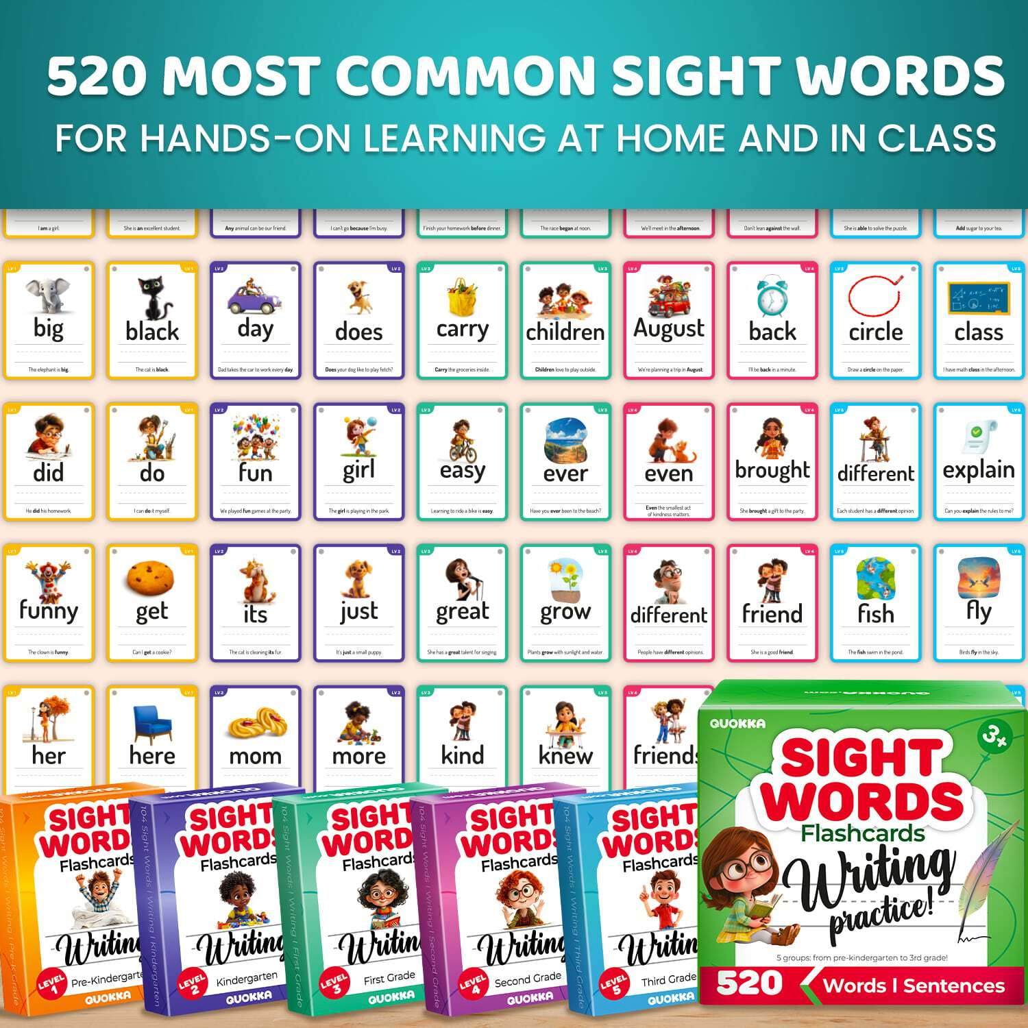 Quokka Sight Words Flash Cards – 260 Dry Erase Cards for Kids, Color-Coded Preschool Learning Set