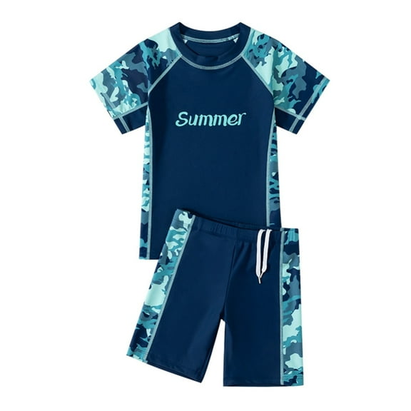 GYRATEDREAM Boys Two Piece Rash Guard Swimsuits Short Sleeve Camouflage Print Swimwear UPF50  with Swim Trunk Bathing Suit for 5-6Y