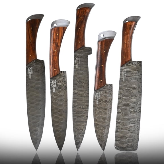 Damascus Chef Knife Set 5 Piece, Hand Forged High Carbon Steel Kitchen Knives, Full Tang with Rosewood Handles