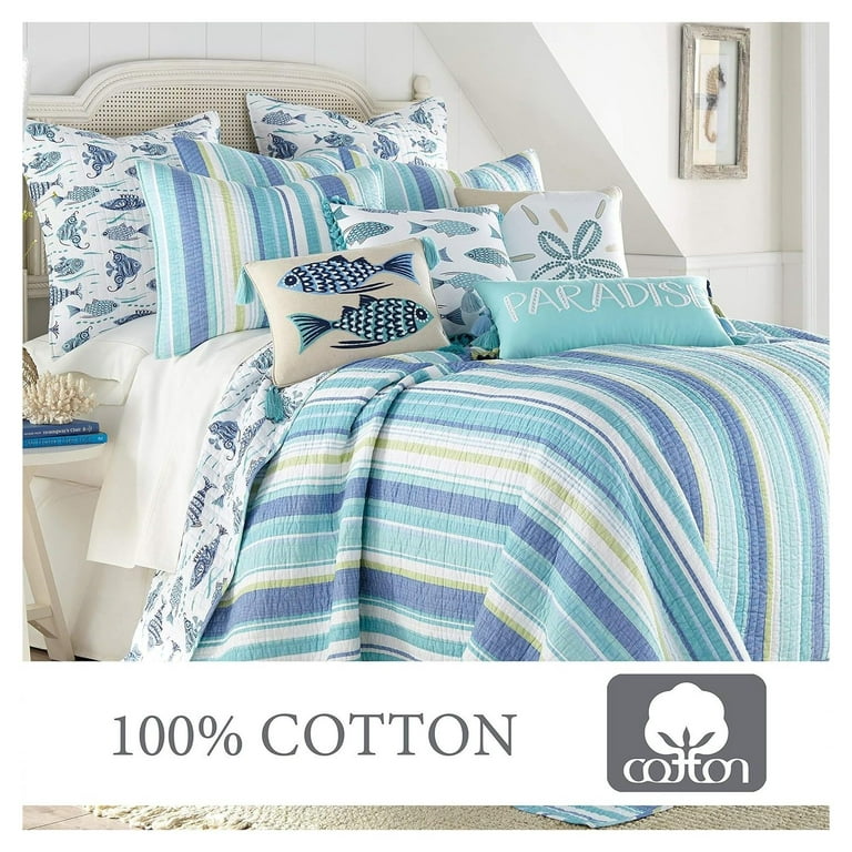 Lwory Laida Beach Quilt Set King Quilt Two King Pillow Shams Coastal Stripe Green Blue White Quilt Size 106x92in. and Pillow Sham Size 36x20in. Reversible Cotton Walmart