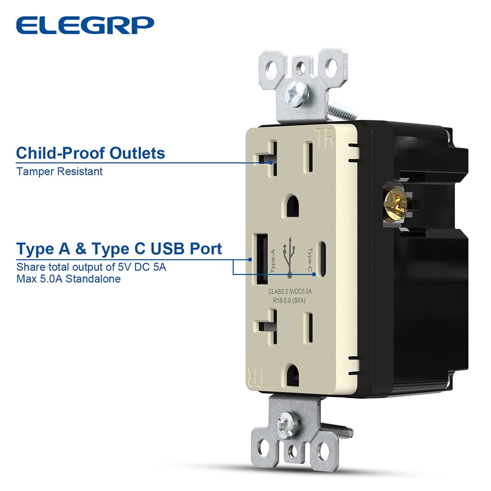 ELEGRP USB Outlets Receptacles, USB C Wall Outlet, 25W 5.0 Amp High Speed Charging USB Electrical Outlet, 20 Amp Tamper-Resistant Outlet with USB C Ports, UL Listed, Wall Plate Included