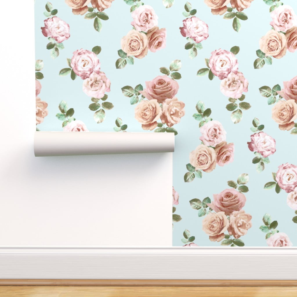 Removable Water-Activated Wallpaper Rose Pink Flowers Vintage Nursery Cottage 