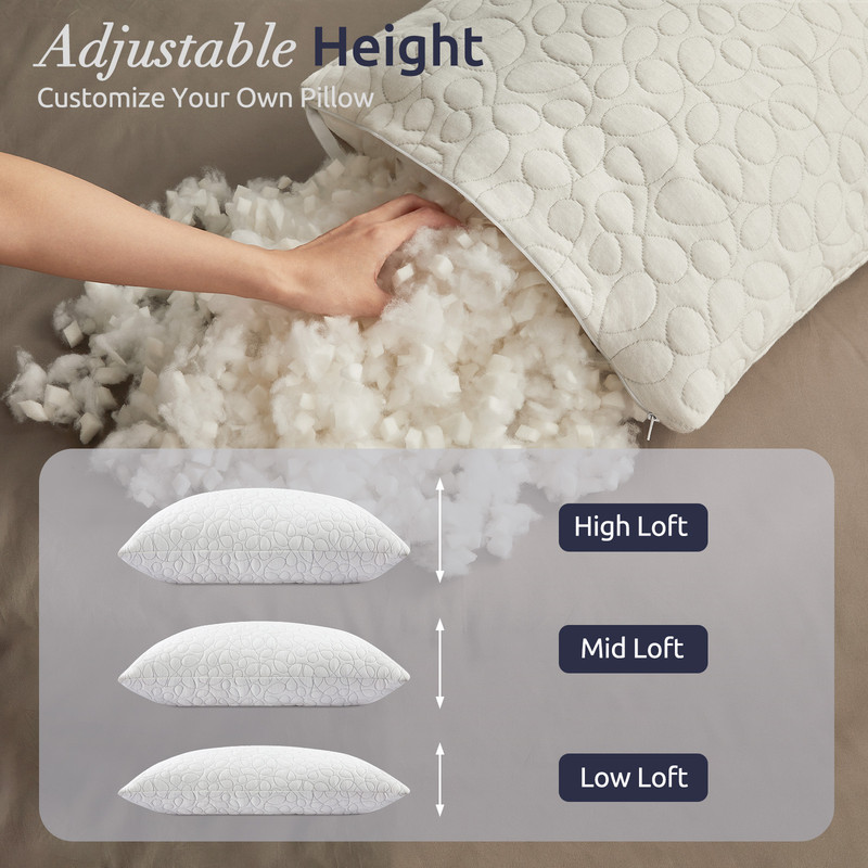 Adjustable Bed Pillows for Sleeping, Shredded Memory Foam Pillows with 200g Extra Filling, Breathable Back Stomach and Side Sleeper Pillow with Washable Pillowcase-King Size (20"x 36")