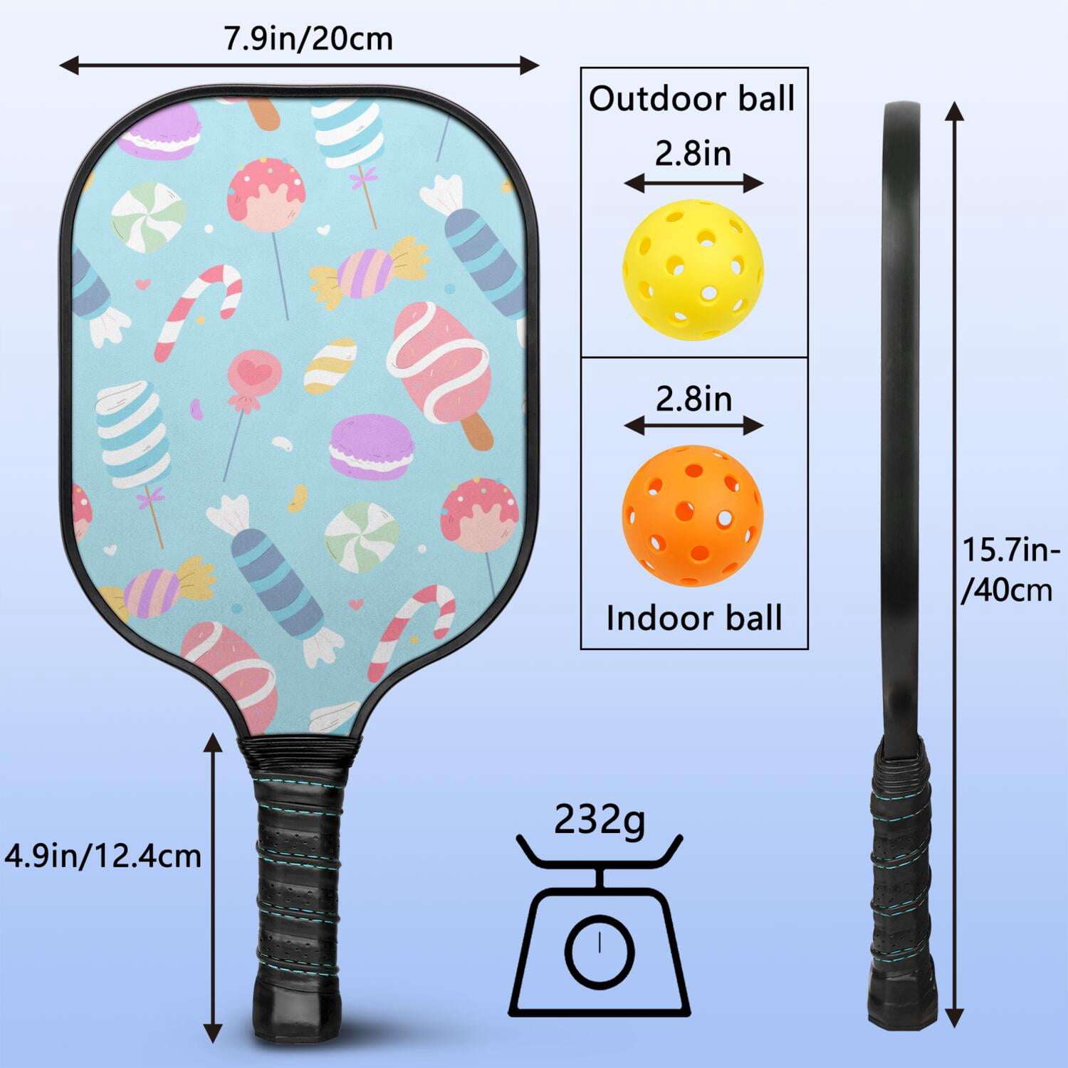 Pickleball Paddles Set Of 2, Fiberglass Surface, Sweet Candy Print, 4 Balls & Bag