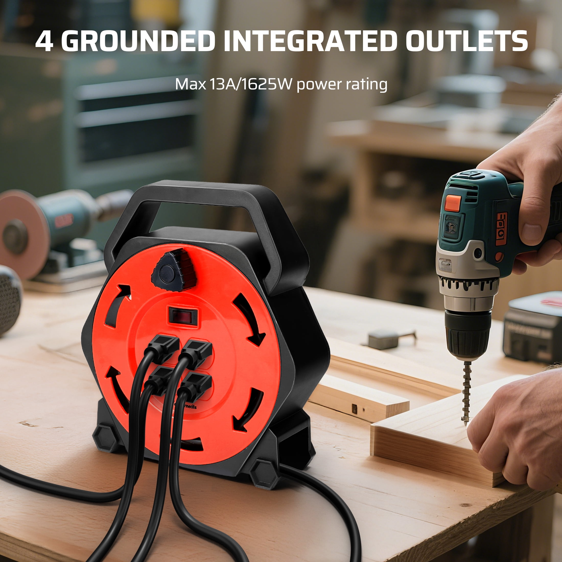 DEWENWILS Extension Cord Reel with 25 FT Power Cord, for Christmas and New Year Hand Wind Retractable, 16/3 AWG SJTW, 4 Grounded Outlets, 13 Amp Circuit Breaker,Black and Red, UL Listed