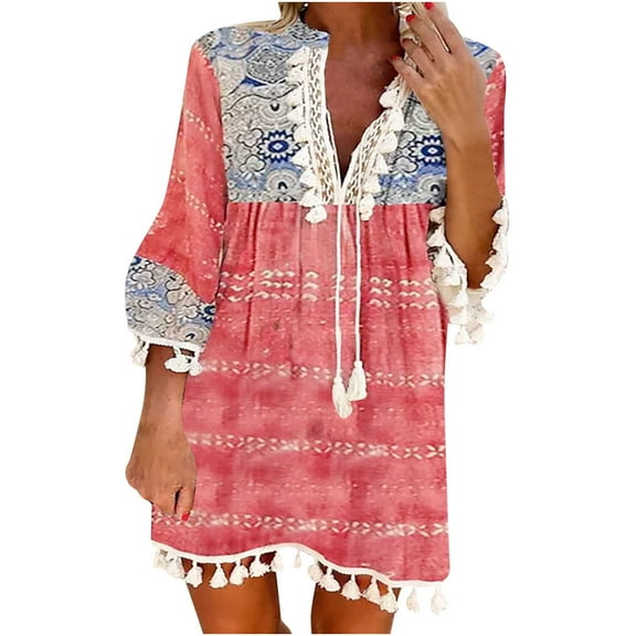 Plus Size Boho Dress for Women V Neck Lace Tassel Dress Vintage Floral Print Dress Ruffle Hem Flowy Tshirt Dresses Midi