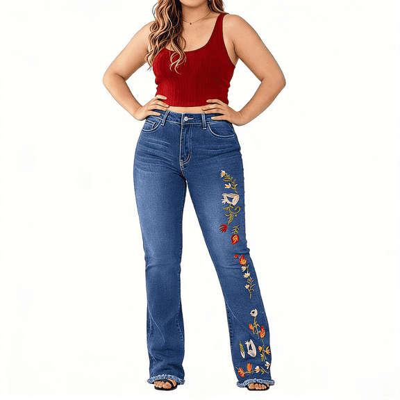 QERINTE Womens Plus Size bootcut Jeans High Waisted Stretchy Jeans Curvy Embroidered