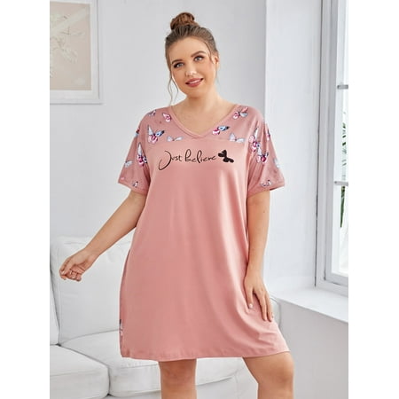 

Dusty Pink Casual Women s Plus Slogan And Butterfly Print Night Dress 3XL(18) Y22001D