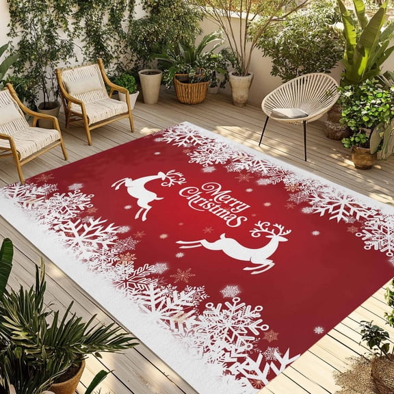 Fsddascl Red Christmas Elk Outdoor Rug for Patio/Deck/Porch, Non-Slip Large Area Rug 5 x 8 Ft, Winter Snowflake Deer Xmas Watercolor Indoor Outdoor Rugs Washable Area Rugs, Camping Rug Carpet Runner