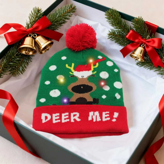 LED Christmas Hat with Lights - Light Up Knit Beanie for Adults, Holiday Parties & Winter Photos (Multi-Color Pom Pom)