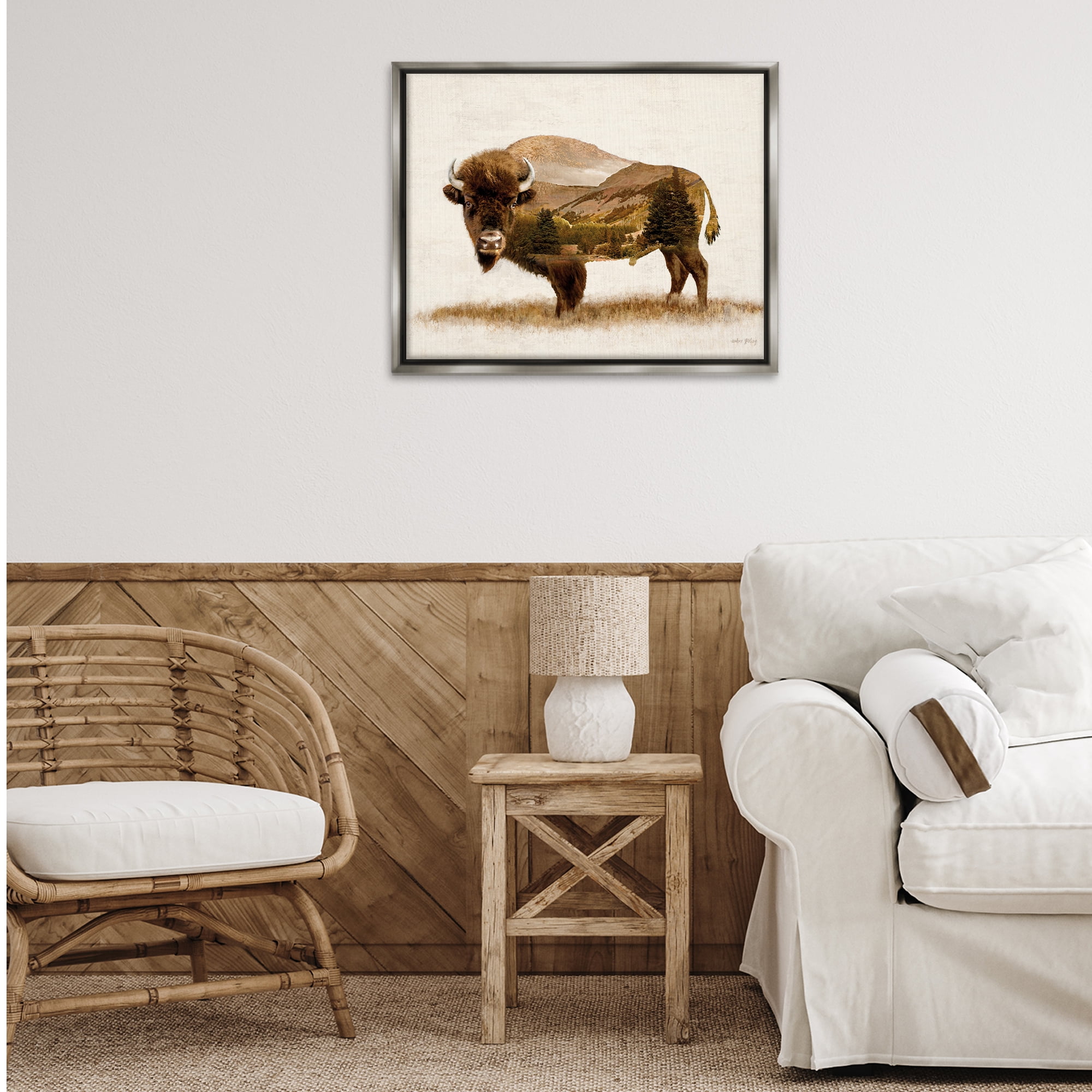 Stupell Industries Nature Patterned Bison Animals & Insects Painting Gray Floater Framed Art Print Wall Art, 31 x 25