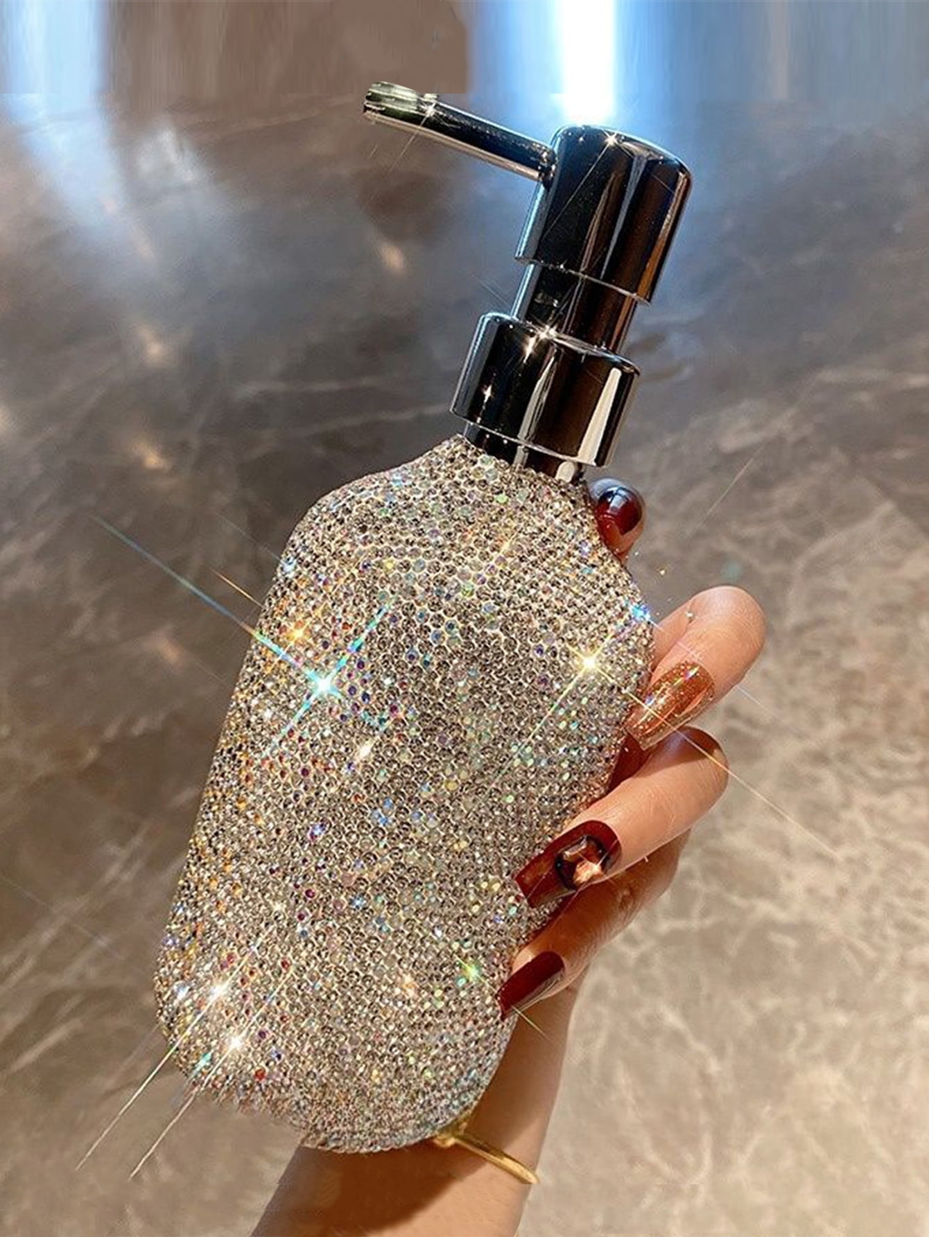 Bling Glass Soap Dispenser with Rust Proof Stainless Steel Pump,Refillable Liquid Hand Wash Bottle for Bathroom Kitchen,Sparkle Decorative Shower Dispenser-500ml